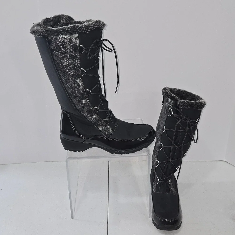 Sporto Predator Black Faux Fur Trim Lace Up Side Zip Winter Snow Boots Womens 7M